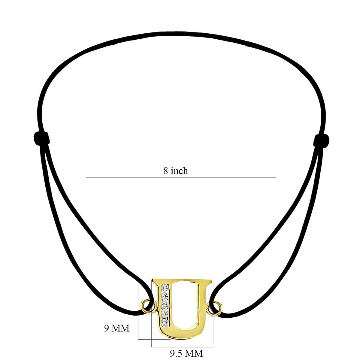 U Initial Black Cord Adjustable Bracelet 4.5 Inch to 8 Inch in 9K Yellow Gold Cubic Zirconia 9.5mm x 9.5mm 7382324 2