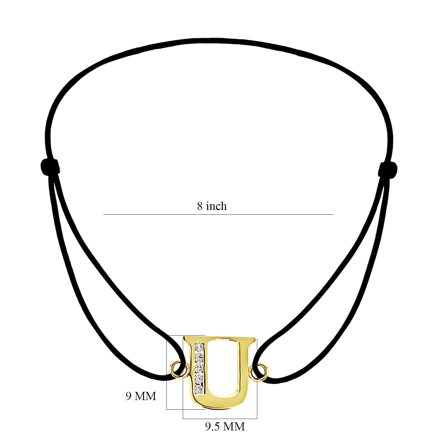 U Initial Black Cord Adjustable Bracelet 4.5 Inch to 8 Inch in 9K Yellow Gold Cubic Zirconia 9.5mm x 9.5mm 7382324 2