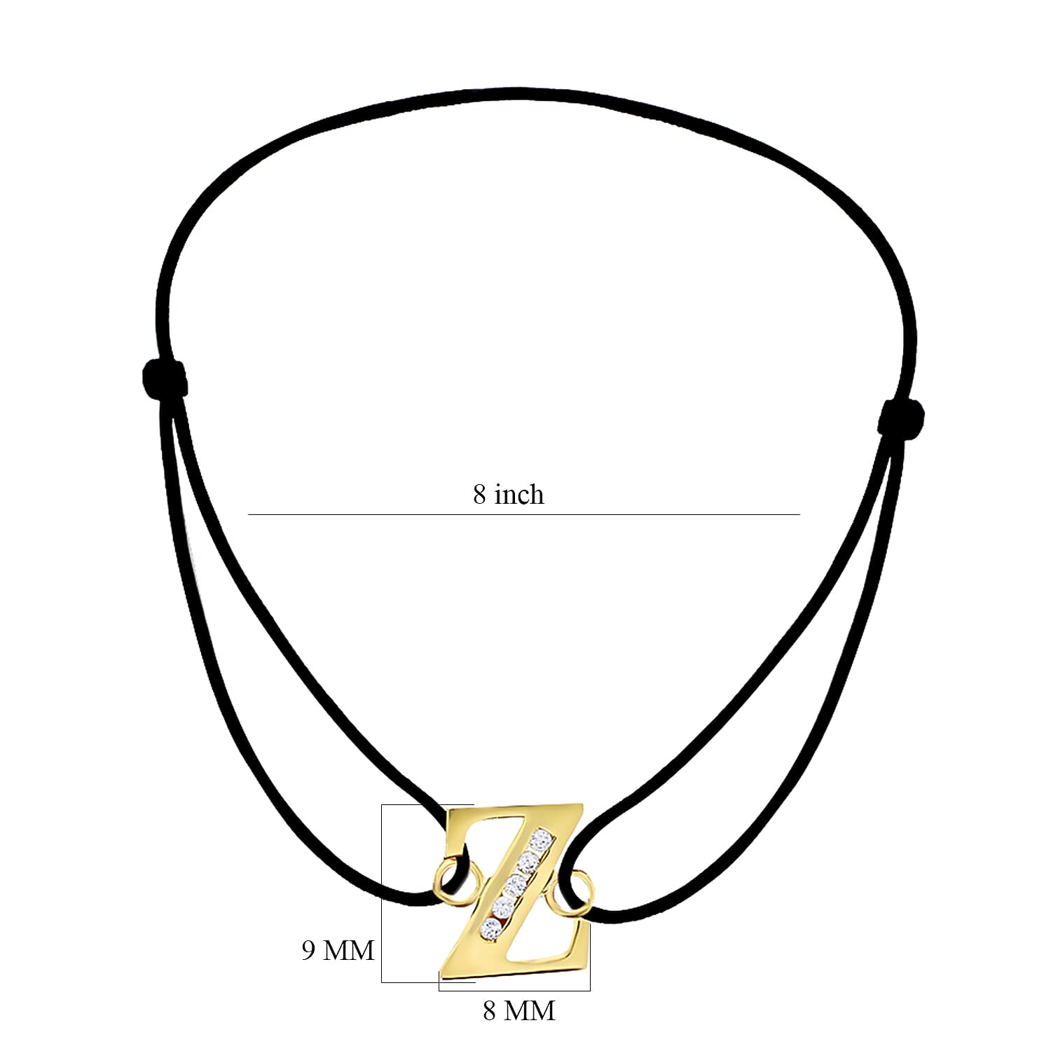 Z Initial Black Cord Adjustable Bracelet 4.5 Inch to 8 Inch in 9K Yellow Gold Cubic Zirconia 8mm x 9mm 7385737 2