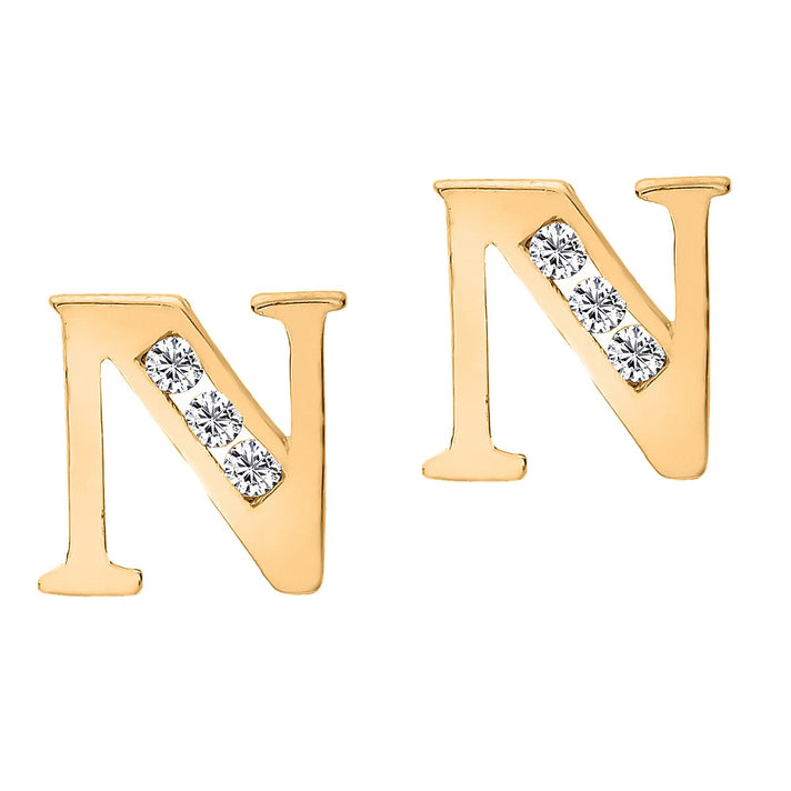 N Initial Stud Earrings in 9K Yellow Gold Cubic Zirconia 6mm x 6mm 7387880 1