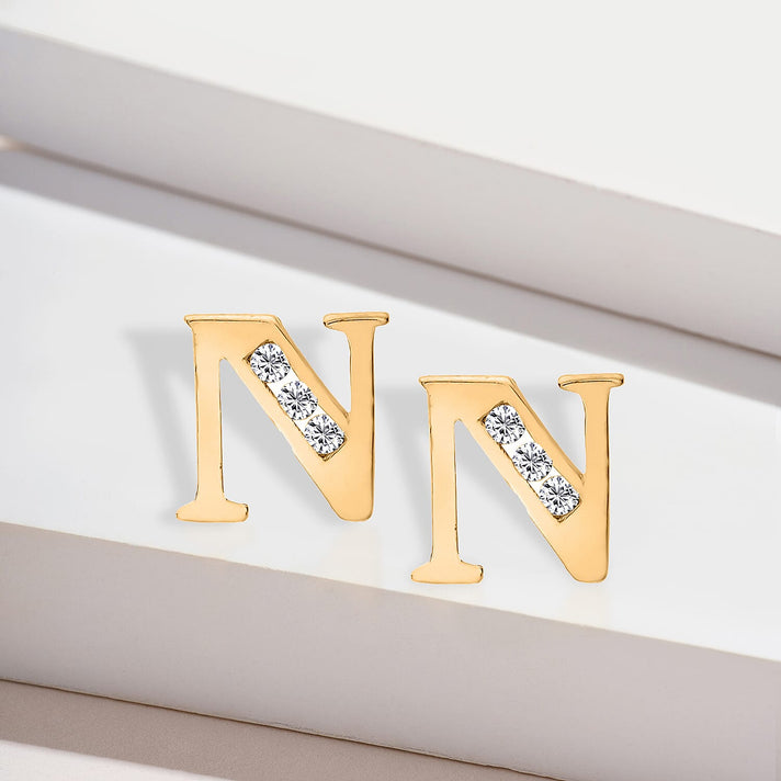 N Initial Stud Earrings in 9K Yellow Gold Cubic Zirconia 6mm x 6mm 7387880 2