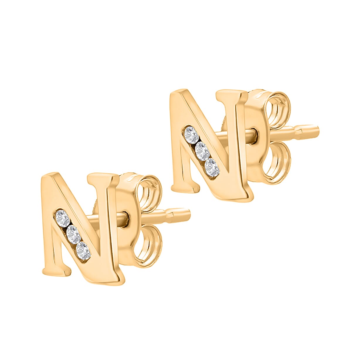 N Initial Stud Earrings in 9K Yellow Gold Cubic Zirconia 6mm x 6mm 7387880 3