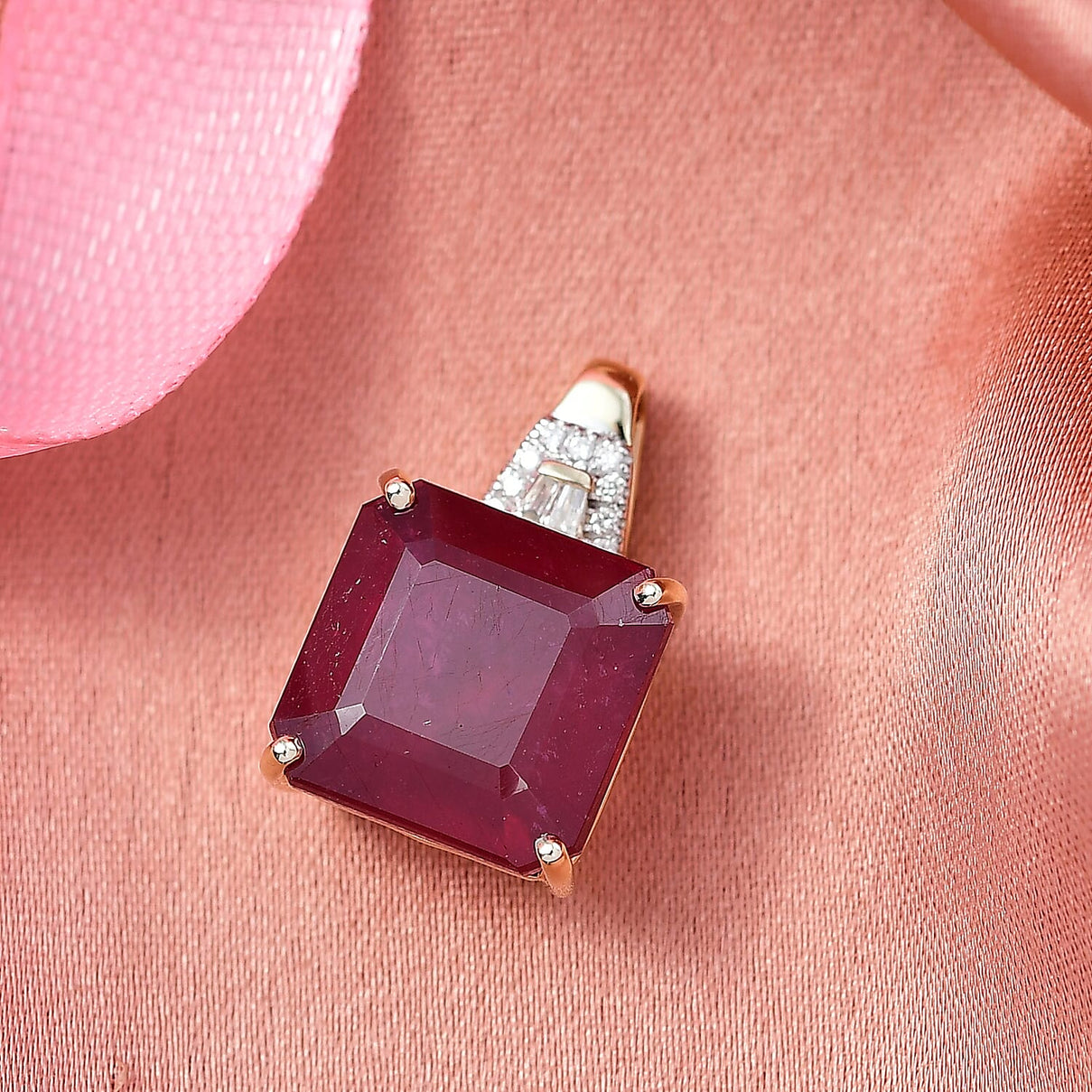 13.6 Ct. AA African Ruby, White Diamond Solitaire Pendant in 9K Yellow Gold 8251789 2