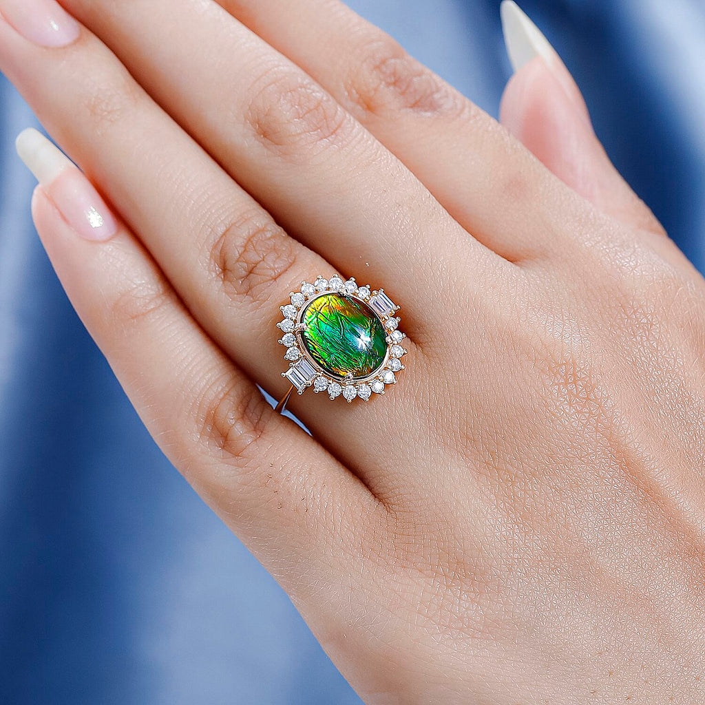9K Yellow Gold Ammolite and Moissanite Ring 4.04 Ct