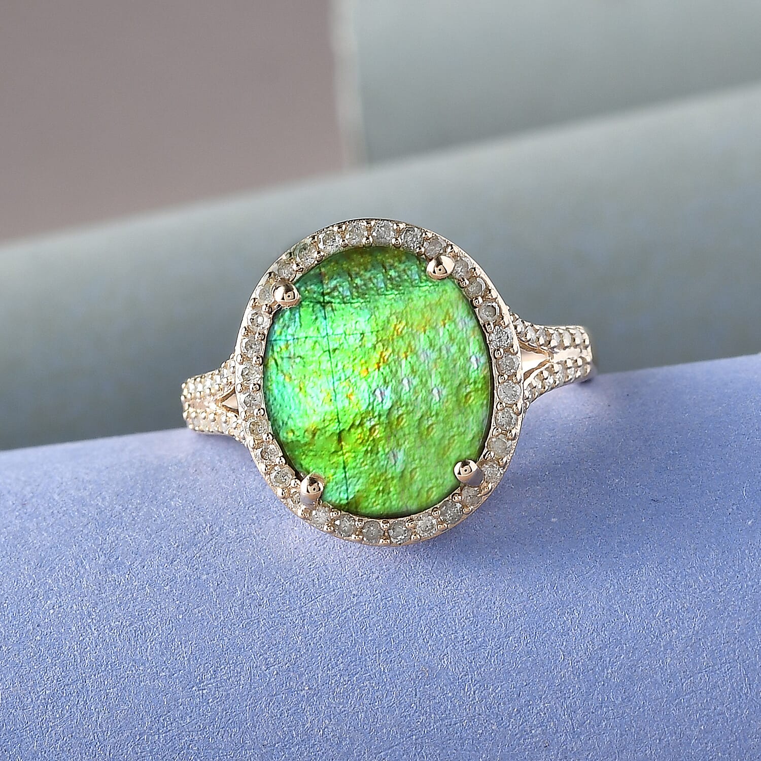 9K Yellow Gold AA Ammolite and Diamond Ring 2.30 Ct. 7274947 2