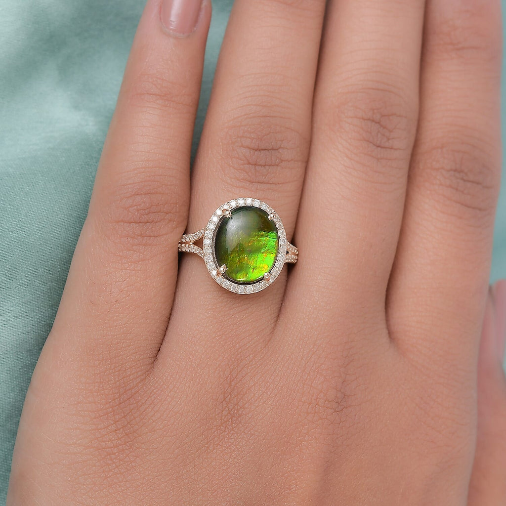 9K Yellow Gold Ammolite and Diamond Ring 2.30 Ct.