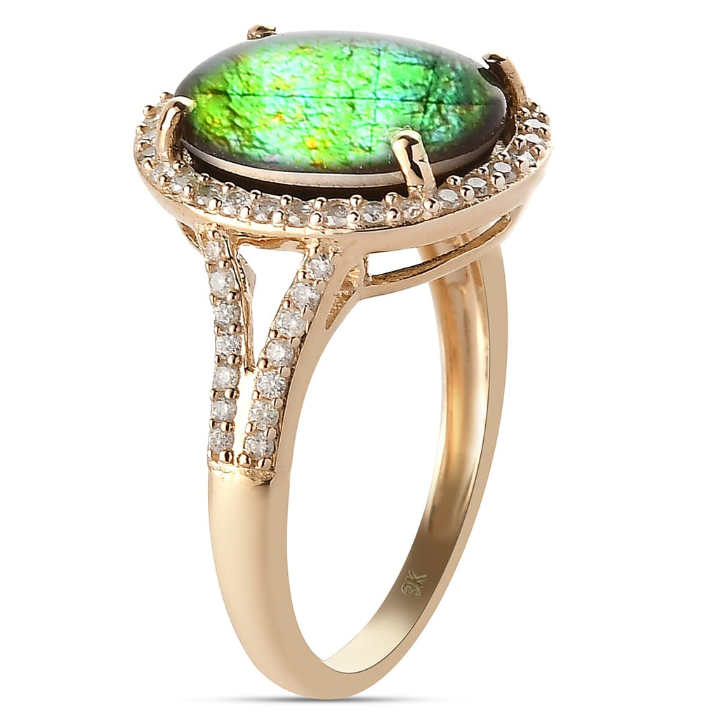 9K Yellow Gold Ammolite and Diamond Ring 2.30 Ct.