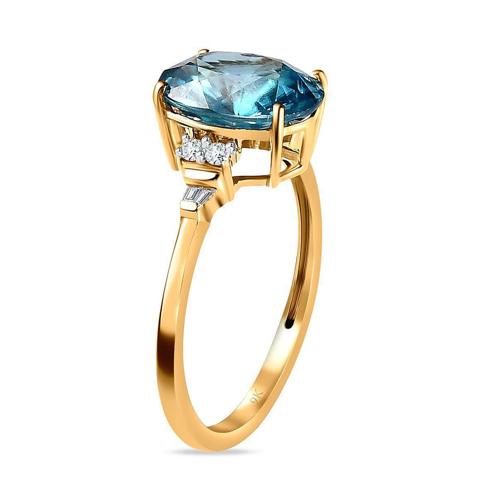 9K Yellow Gold Ratanakiri Blue Zircon and Diamond (G-H) Ring 3.85 Ct