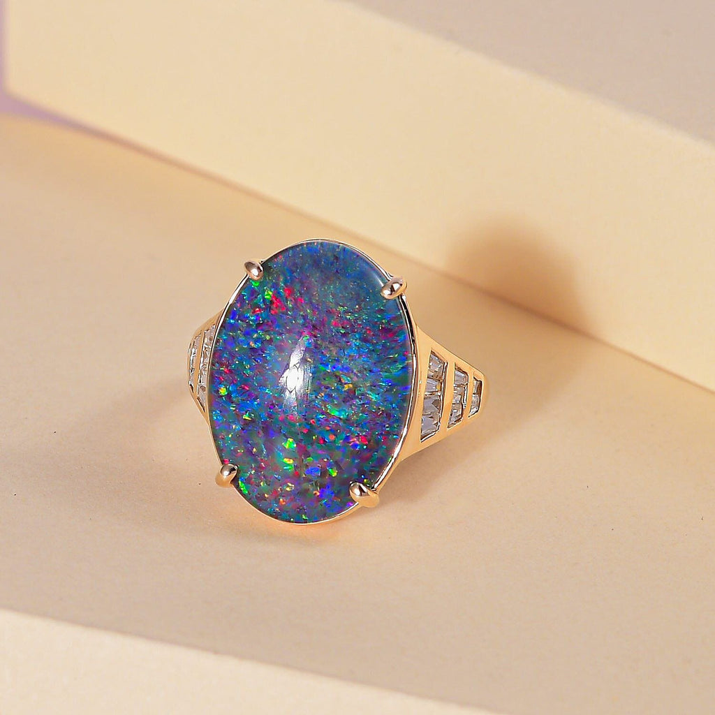 9K Yellow Gold Australian Boulder Opal (OV18X13) and Natural Zircon Ring 7.00 Ct.