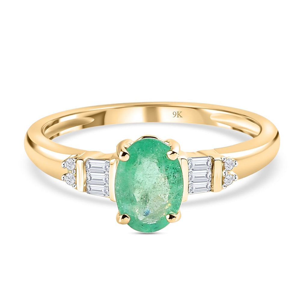 9K Yellow Gold Ethiopian Emerald and Diamond Ring 0.80 Ct.