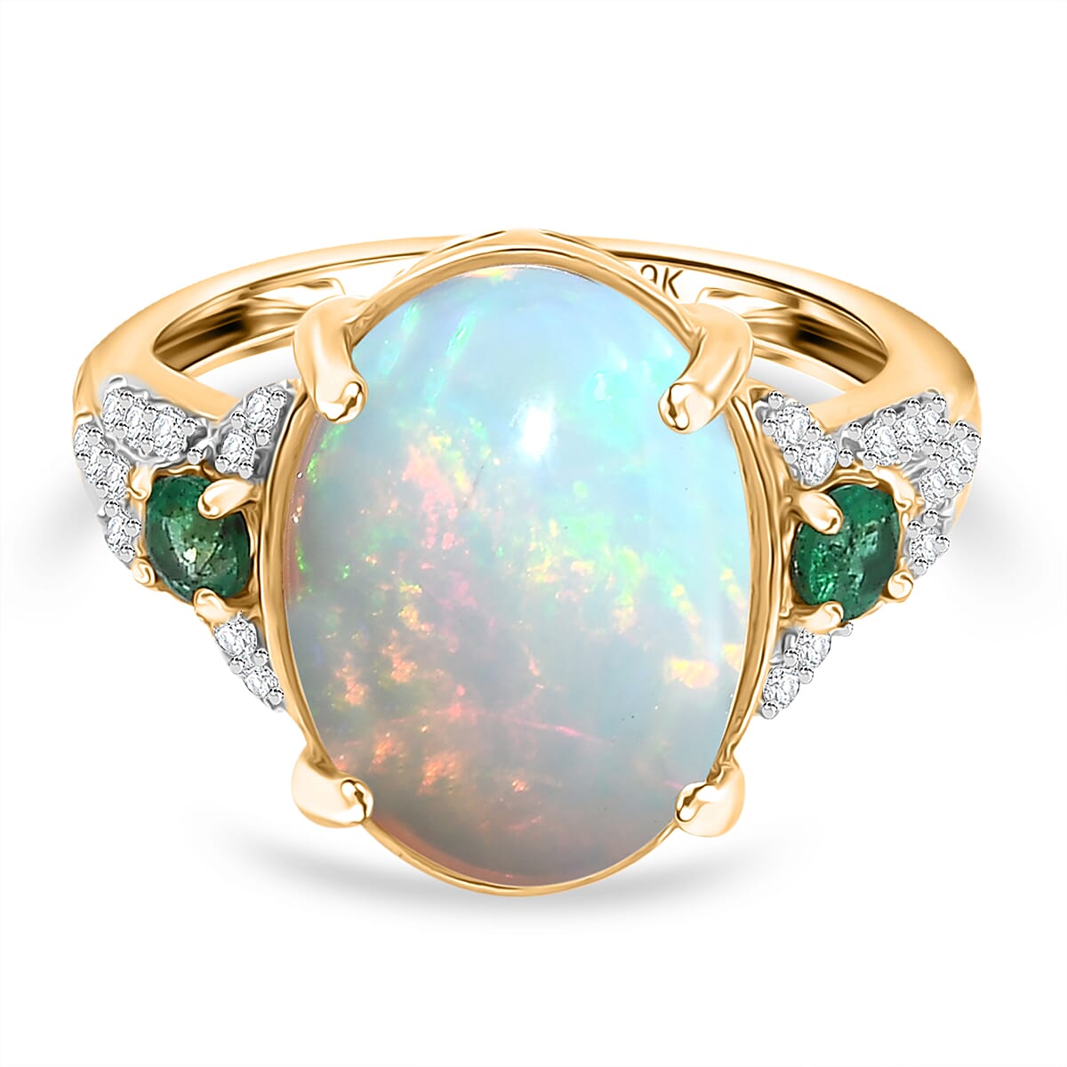 9K Yellow Gold 4.66 Ct AA Ethiopian Opal, Emerald, and Moissanite Ring 7863814 0