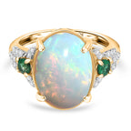 9K Yellow Gold  AA Ethiopian Opal,Emerald,Moissanite Main Stone With Side Stone Ring 4.66 Ct