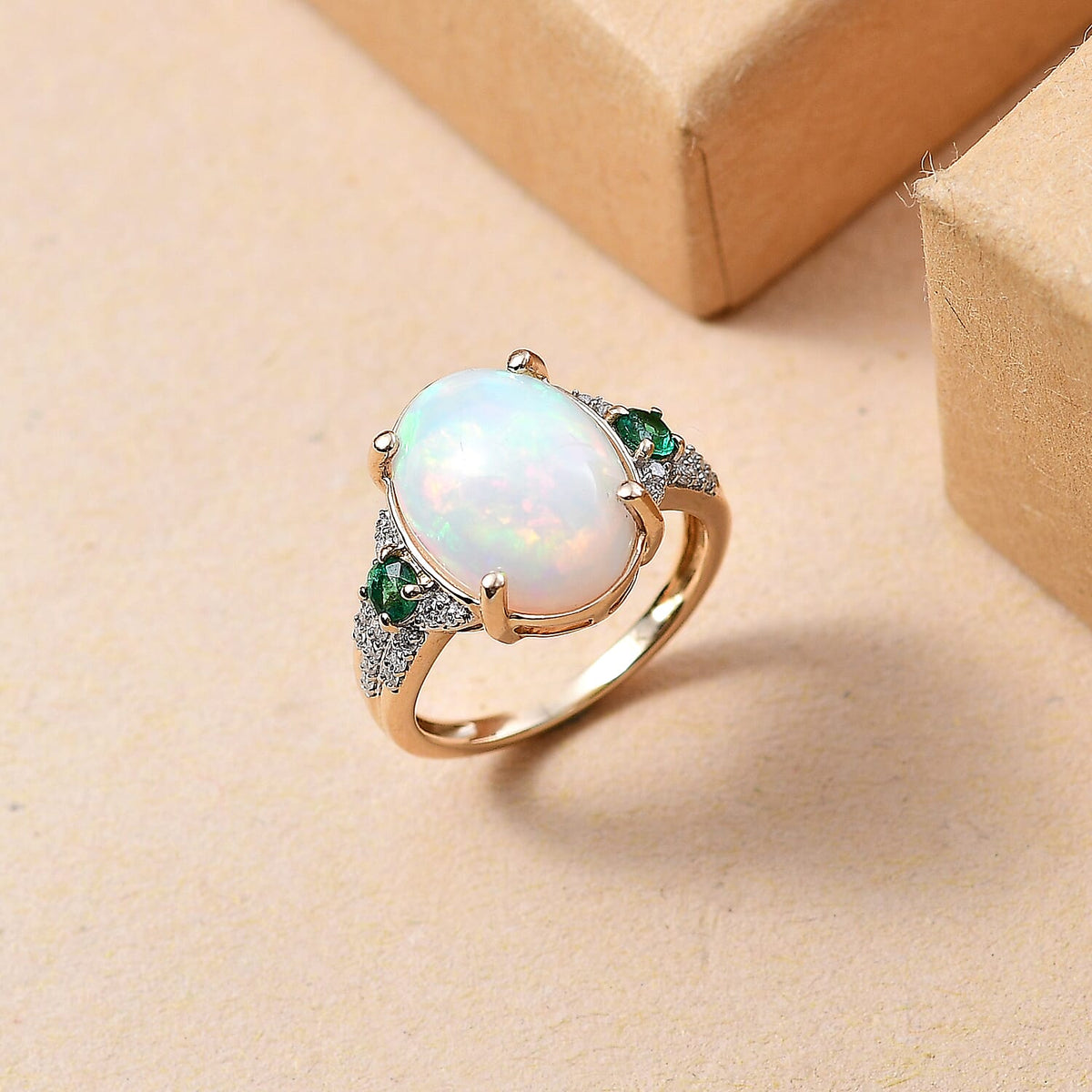 9K Yellow Gold 4.66 Ct AA Ethiopian Opal, Emerald, and Moissanite Ring 7863814 2