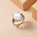 9K Yellow Gold  AA Ethiopian Opal,Emerald,Moissanite Main Stone With Side Stone Ring 4.66 Ct