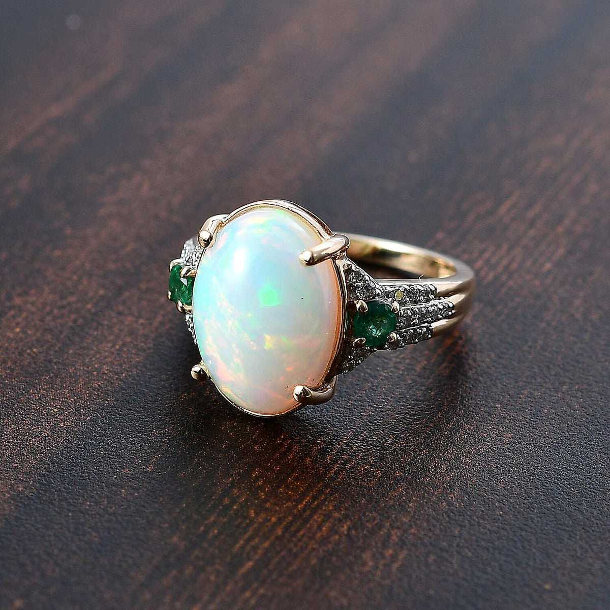 9K Yellow Gold 4.66 Ct AA Ethiopian Opal, Emerald, and Moissanite Ring 7863814 3