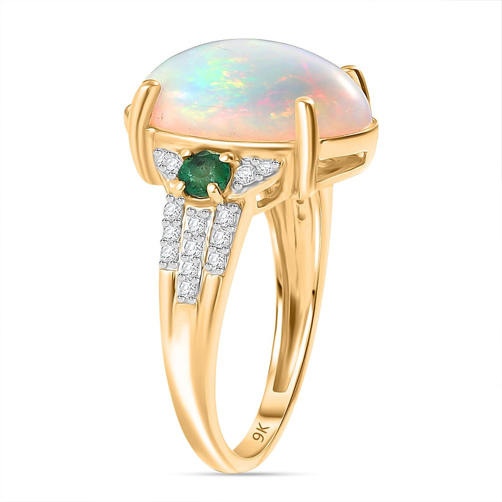 9K Yellow Gold  AA Ethiopian Opal,Emerald,Moissanite Main Stone With Side Stone Ring 4.66 Ct