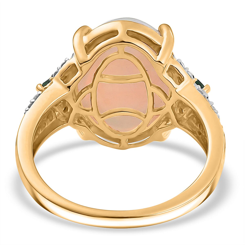 9K Yellow Gold  AA Ethiopian Opal,Emerald,Moissanite Main Stone With Side Stone Ring 4.66 Ct
