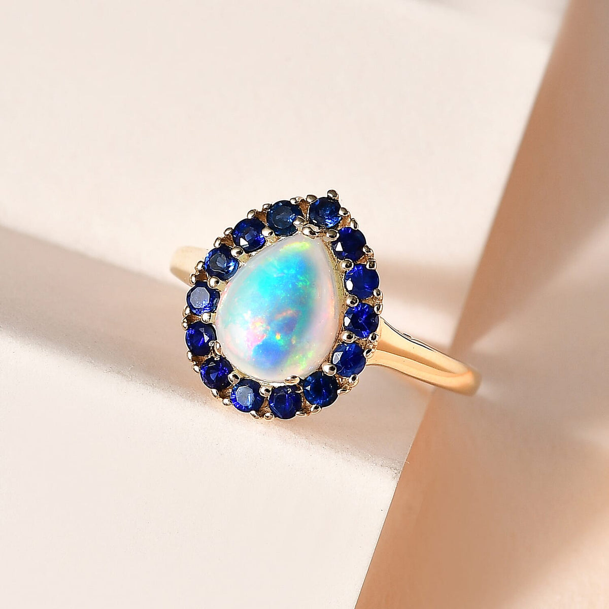 9K Yellow Gold AA Ethiopian Opal, Kanchanaburi Blue Sapphire Halo Ring 1.66 Ct. 7623821 1