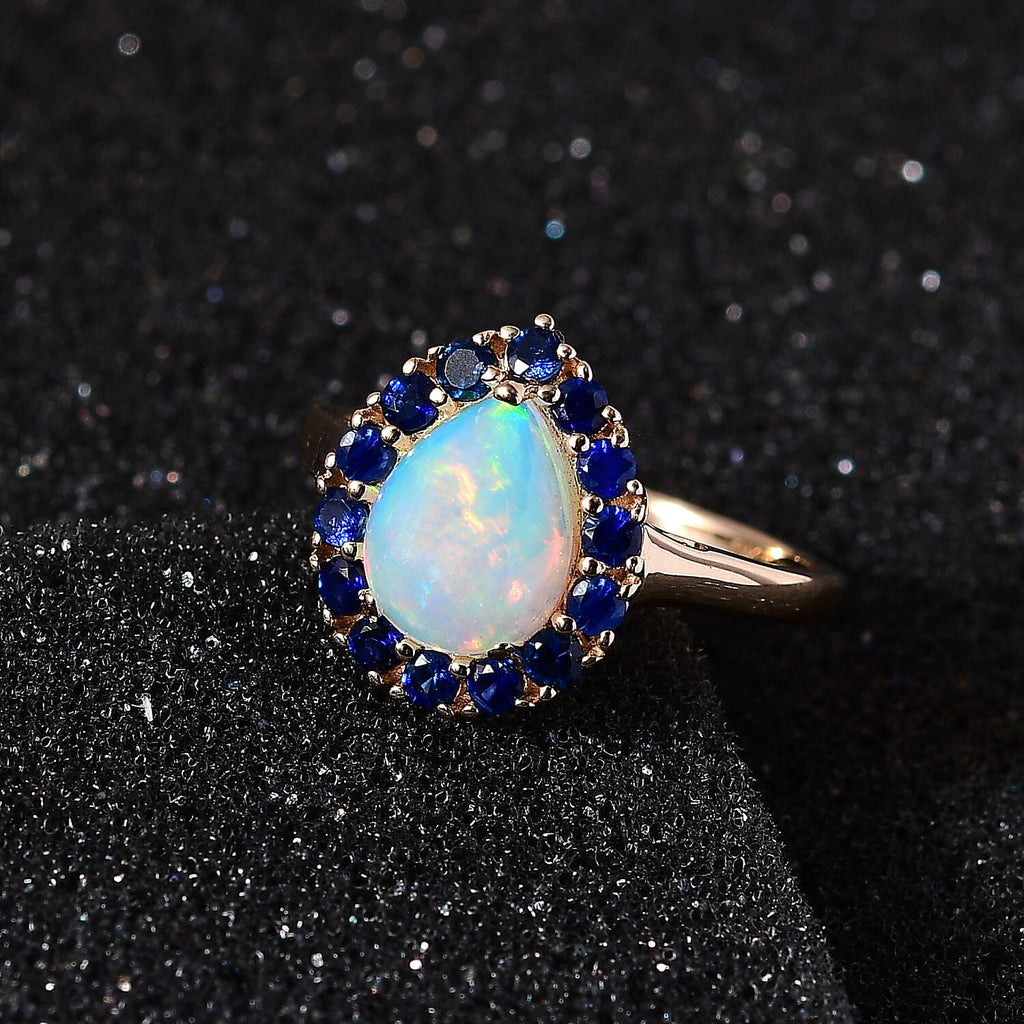 GP 9K Yellow Gold AA Ethiopian Opal & Kanchanaburi Blue Sapphire Ring 1.66 Ct.