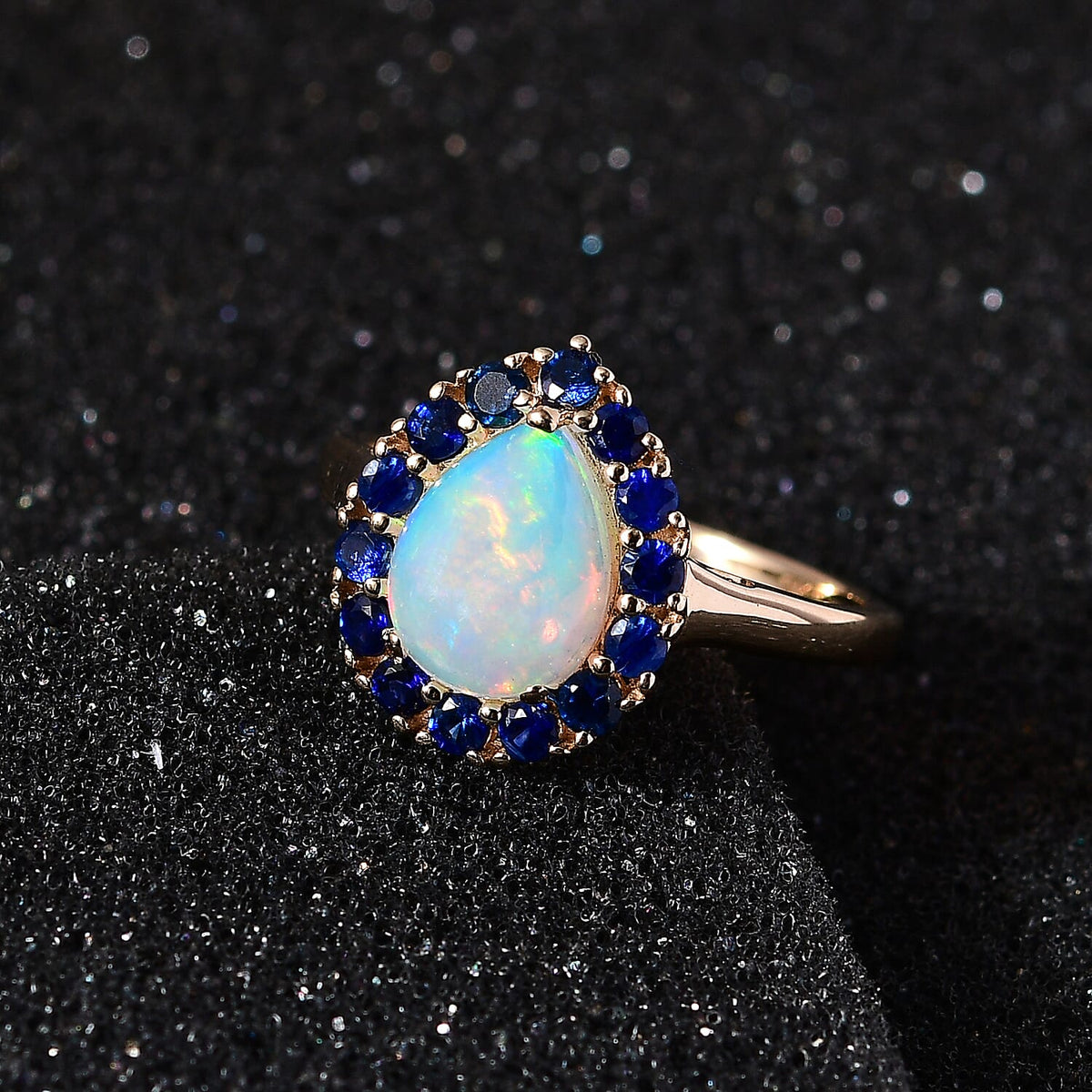 9K Yellow Gold AA Ethiopian Opal, Kanchanaburi Blue Sapphire Halo Ring 1.66 Ct. 7623821 2