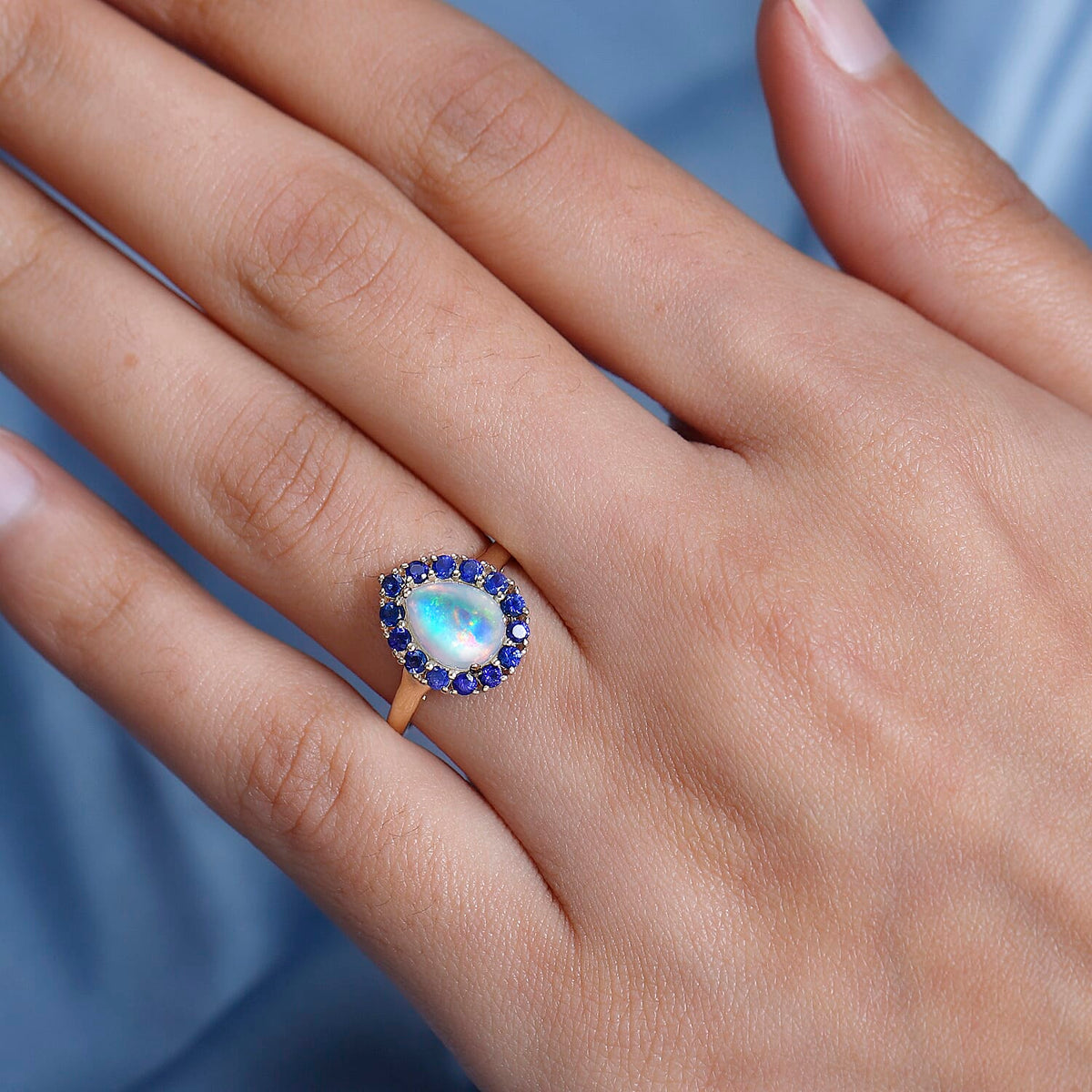 9K Yellow Gold AA Ethiopian Opal, Kanchanaburi Blue Sapphire Halo Ring 1.66 Ct. 7623821 3