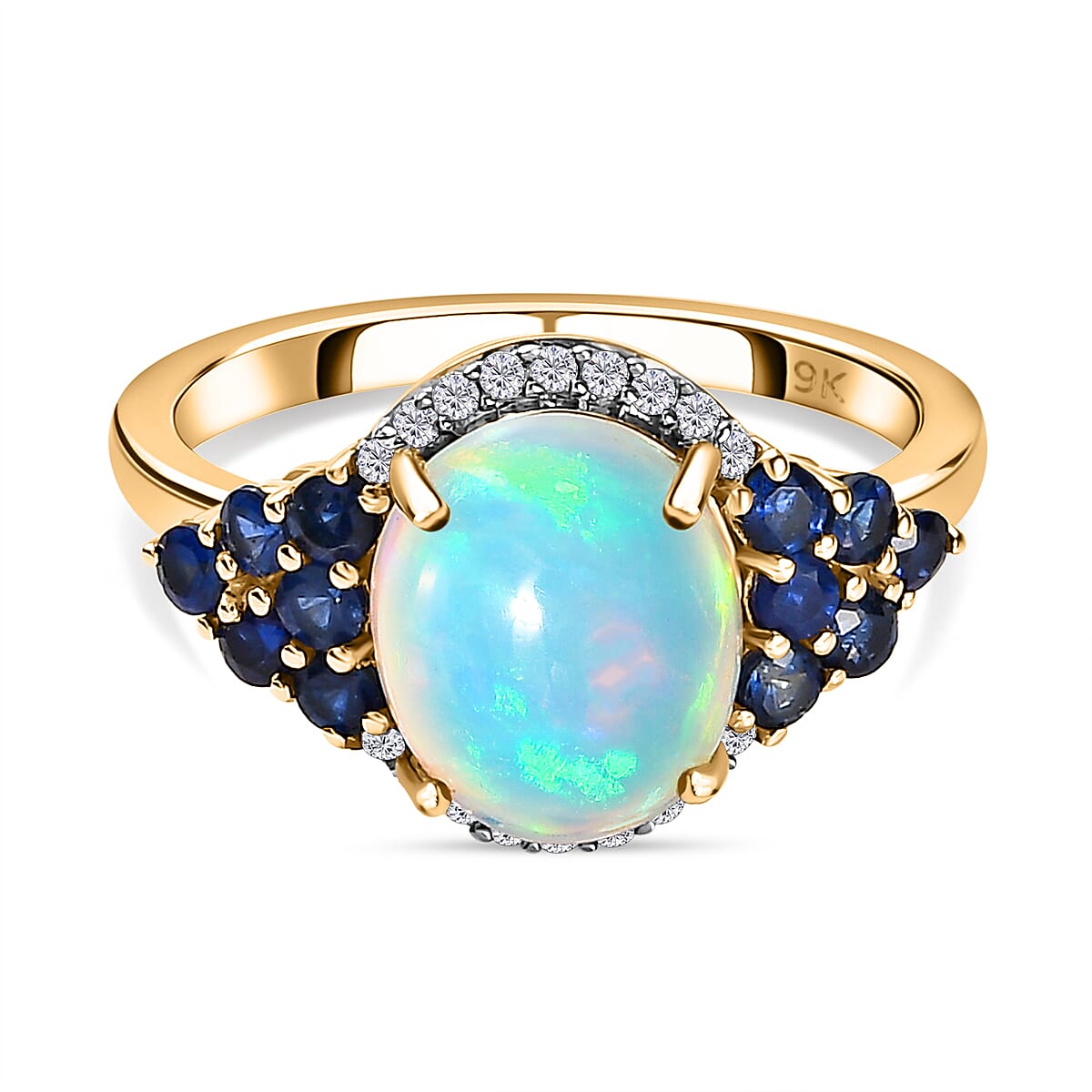 9K Yellow Gold Ethiopian Welo Opal, Moissanite &amp; Blue Sapphire Ring 2.45 Ct. 7623746 0