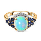 9K Yellow Gold Ethiopian Welo Opal, Moissanite & Blue Sapphire Ring 2.45 Ct.