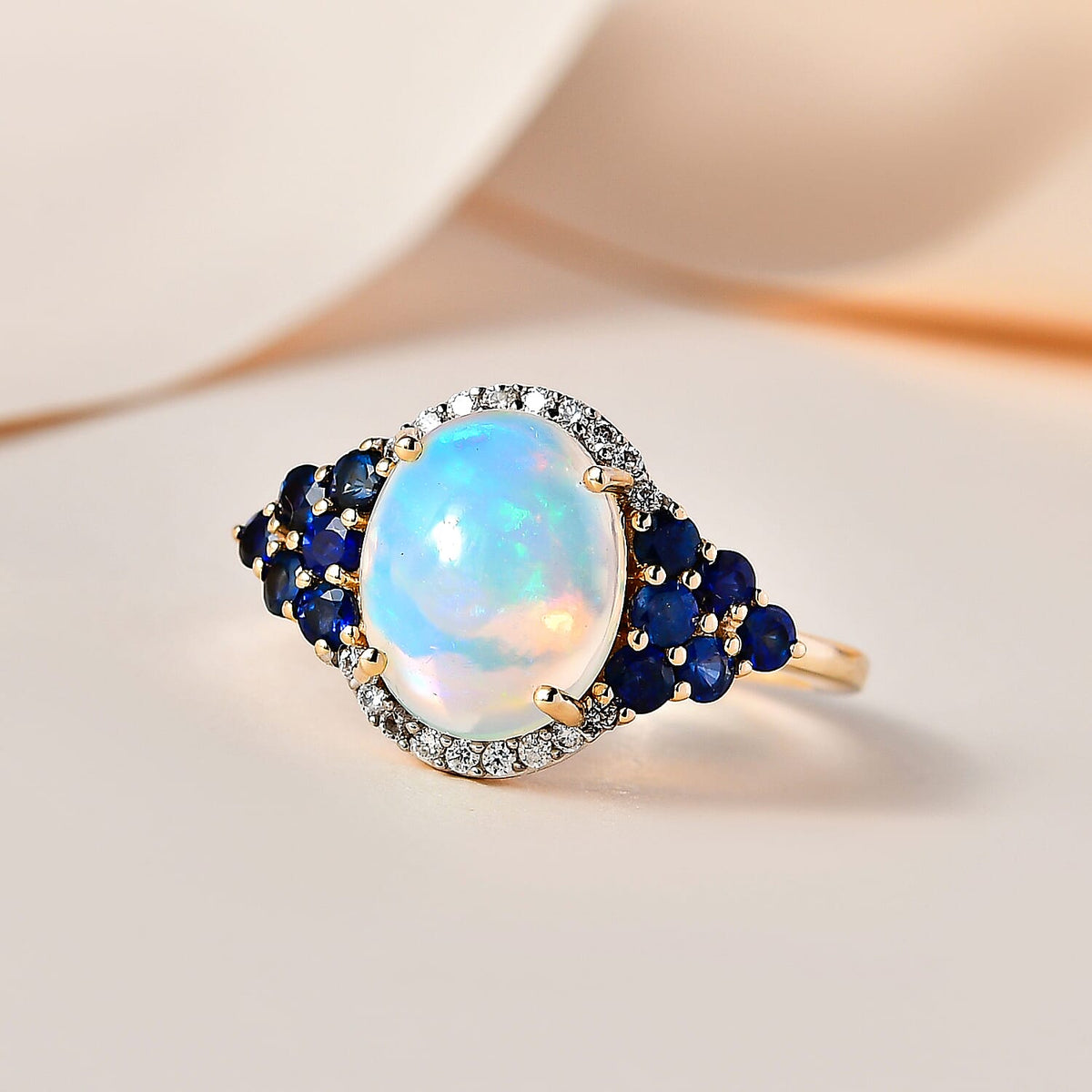 9K Yellow Gold Ethiopian Welo Opal, Moissanite &amp; Blue Sapphire Ring 2.45 Ct. 7623746 1