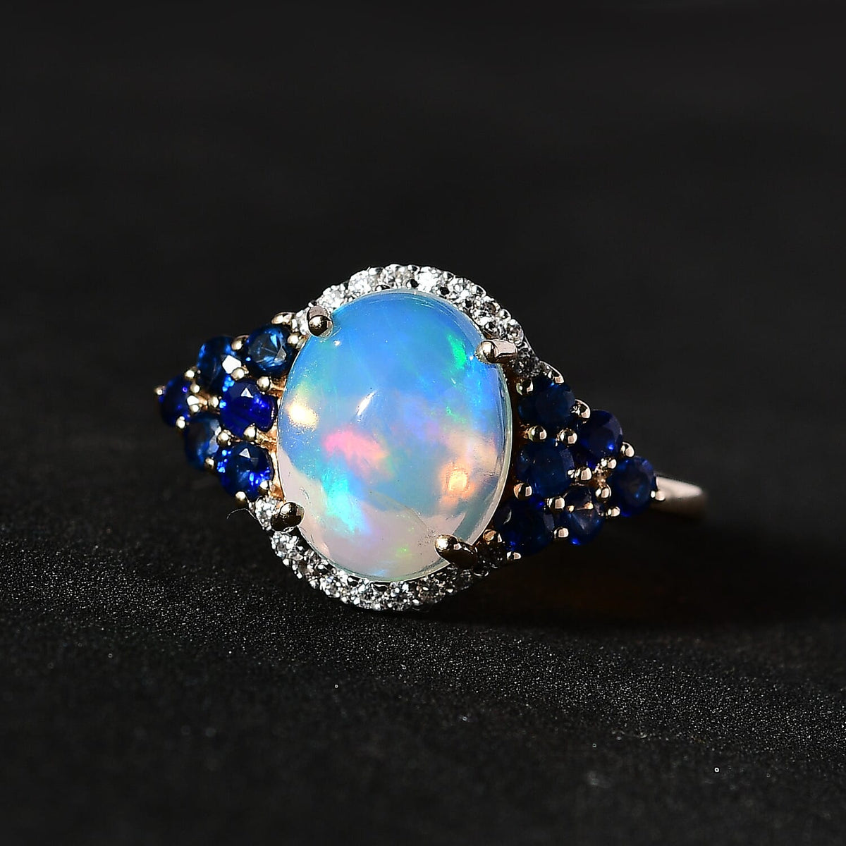 9K Yellow Gold Ethiopian Welo Opal, Moissanite &amp; Blue Sapphire Ring 2.45 Ct. 7623746 2