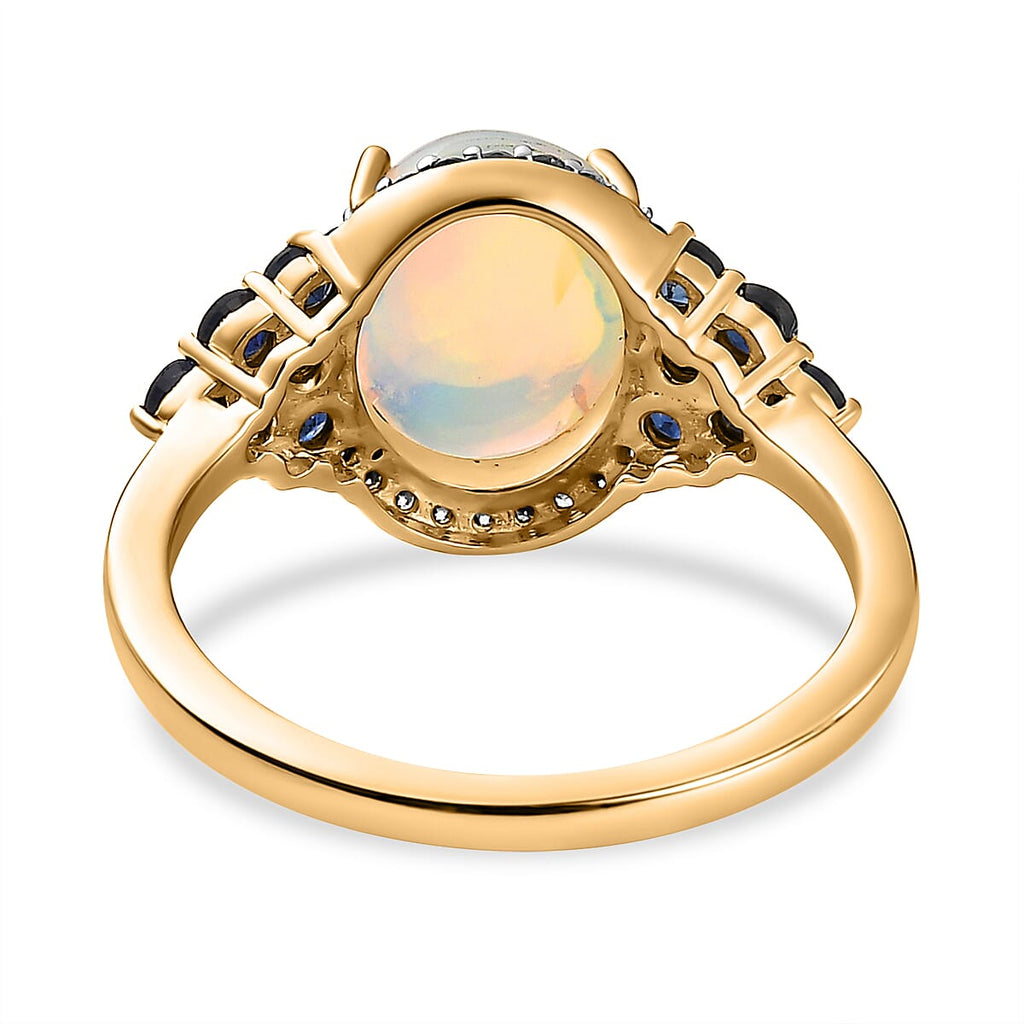 9K Yellow Gold Ethiopian Welo Opal, Moissanite & Blue Sapphire Ring 2.45 Ct.