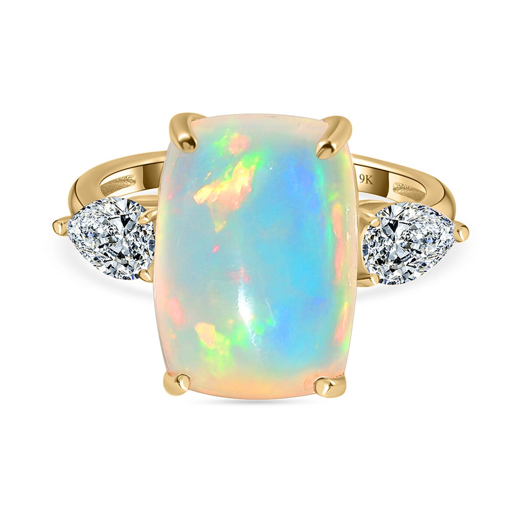 9K Yellow Gold Ethiopian Welo Opal & Moissanite Ring 5.57 Ct.