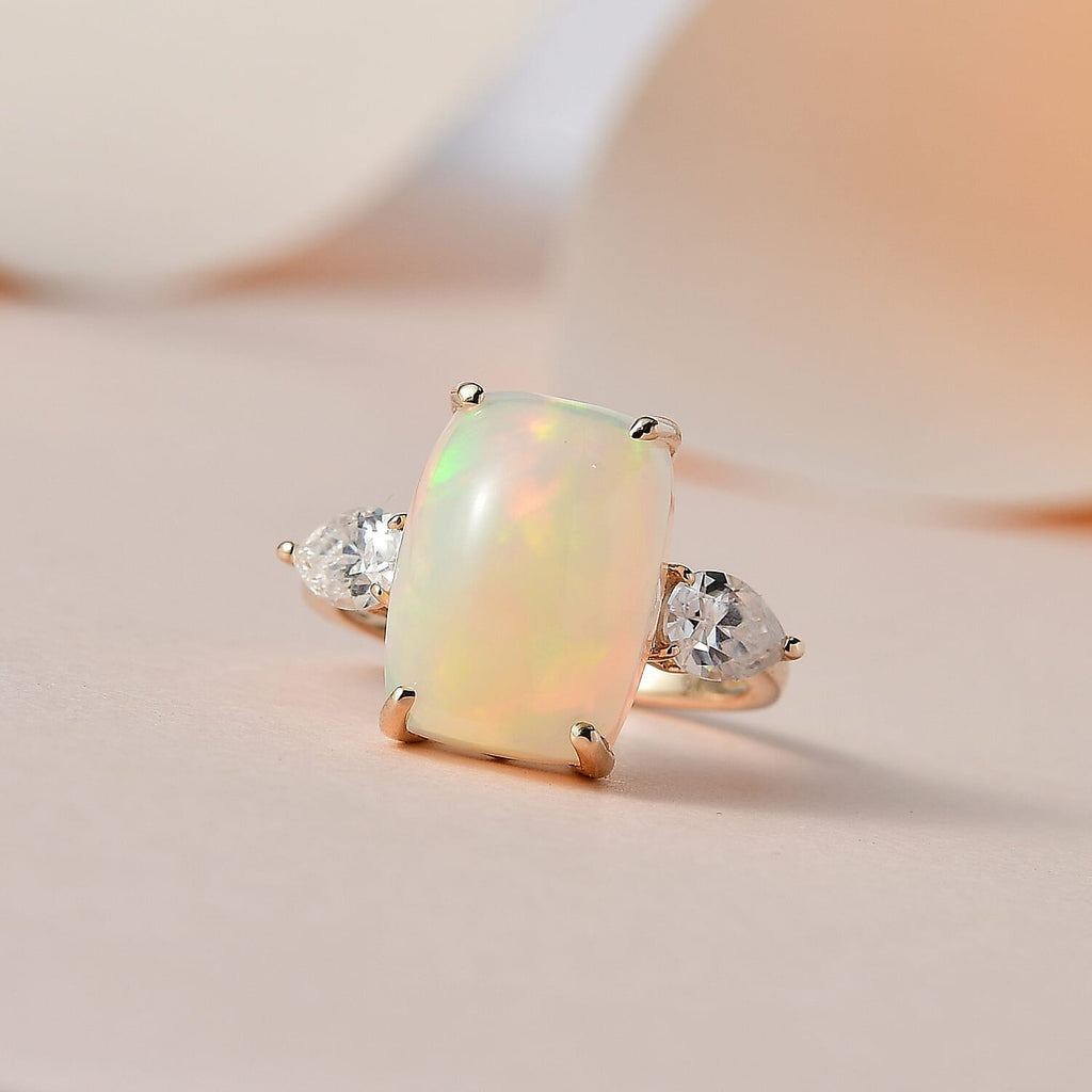 9K Yellow Gold Ethiopian Welo Opal & Moissanite Ring 5.57 Ct.