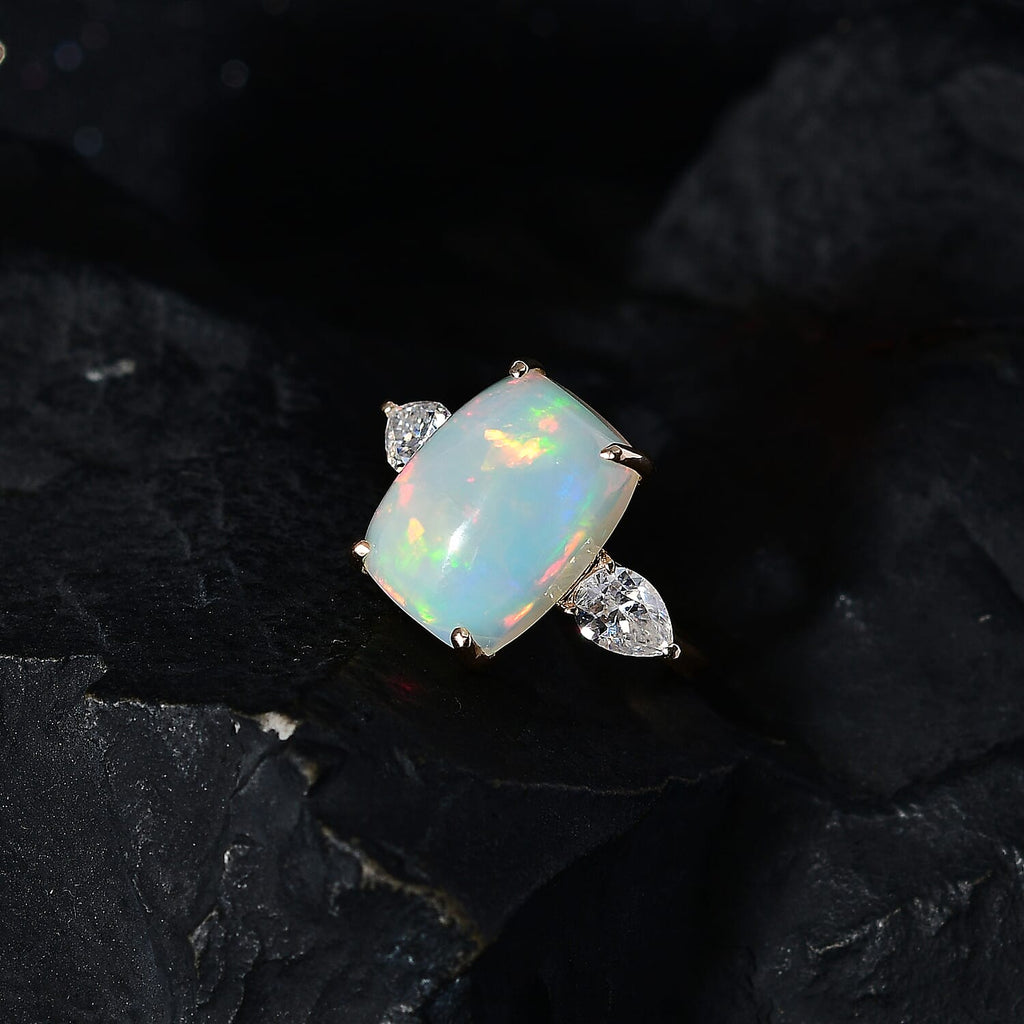 9K Yellow Gold Ethiopian Welo Opal & Moissanite Ring 5.57 Ct.