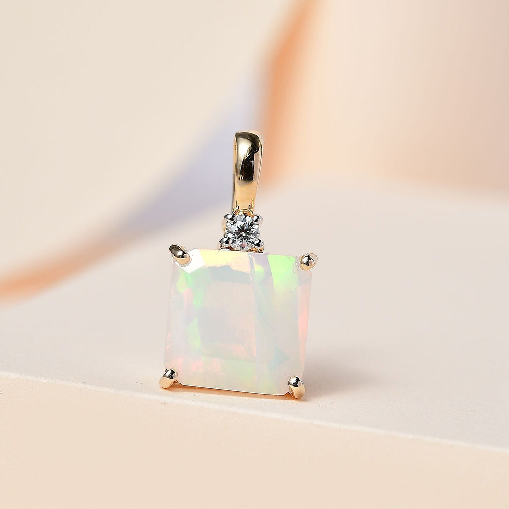 9K Yellow Gold Ethiopian Welo Opal & Moissanite Pendant 2.94 Ct
