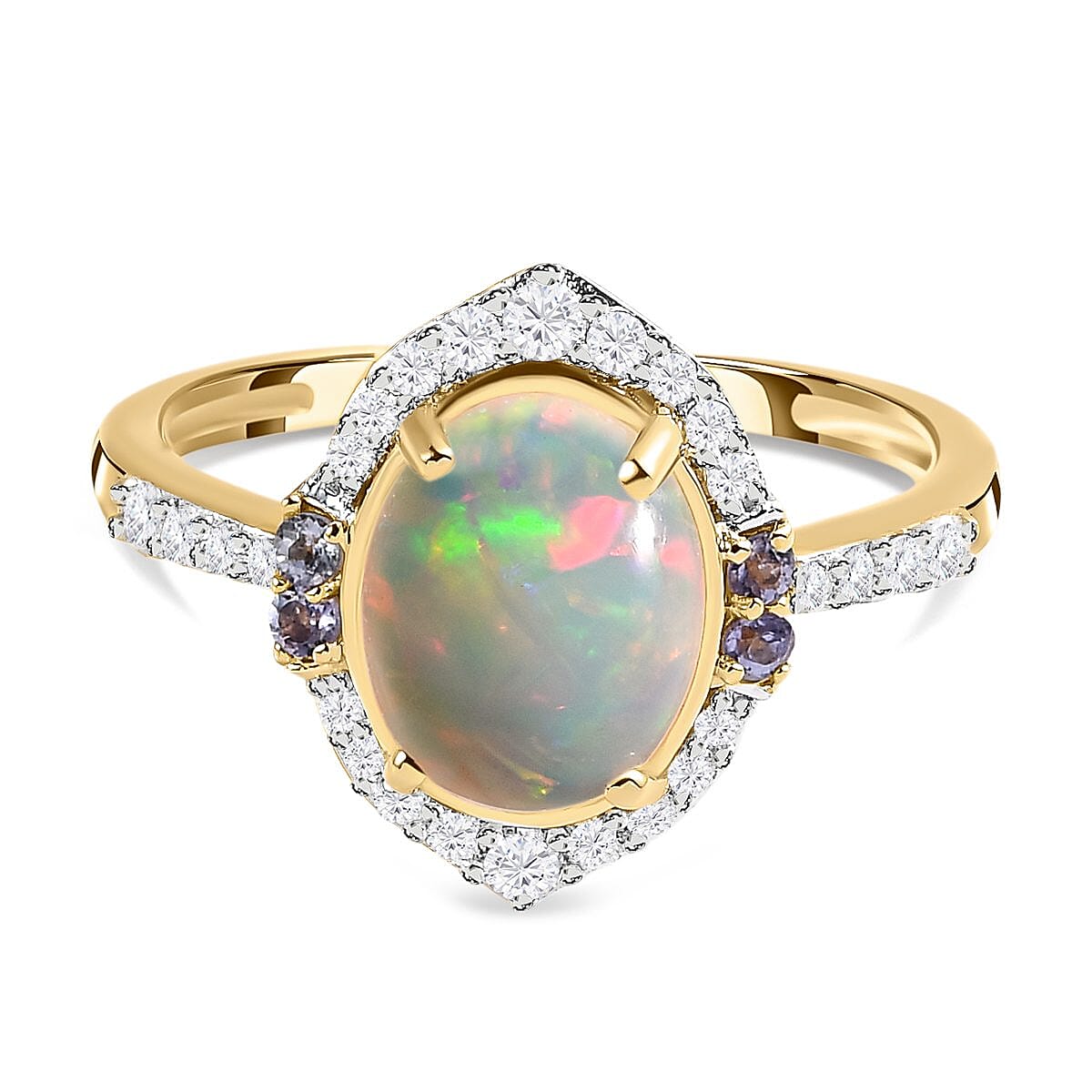 9K Yellow Gold AA Ethiopian Opal, Moissanite and Tanzanite Cluster Ring 1.49 ct 7189300 0