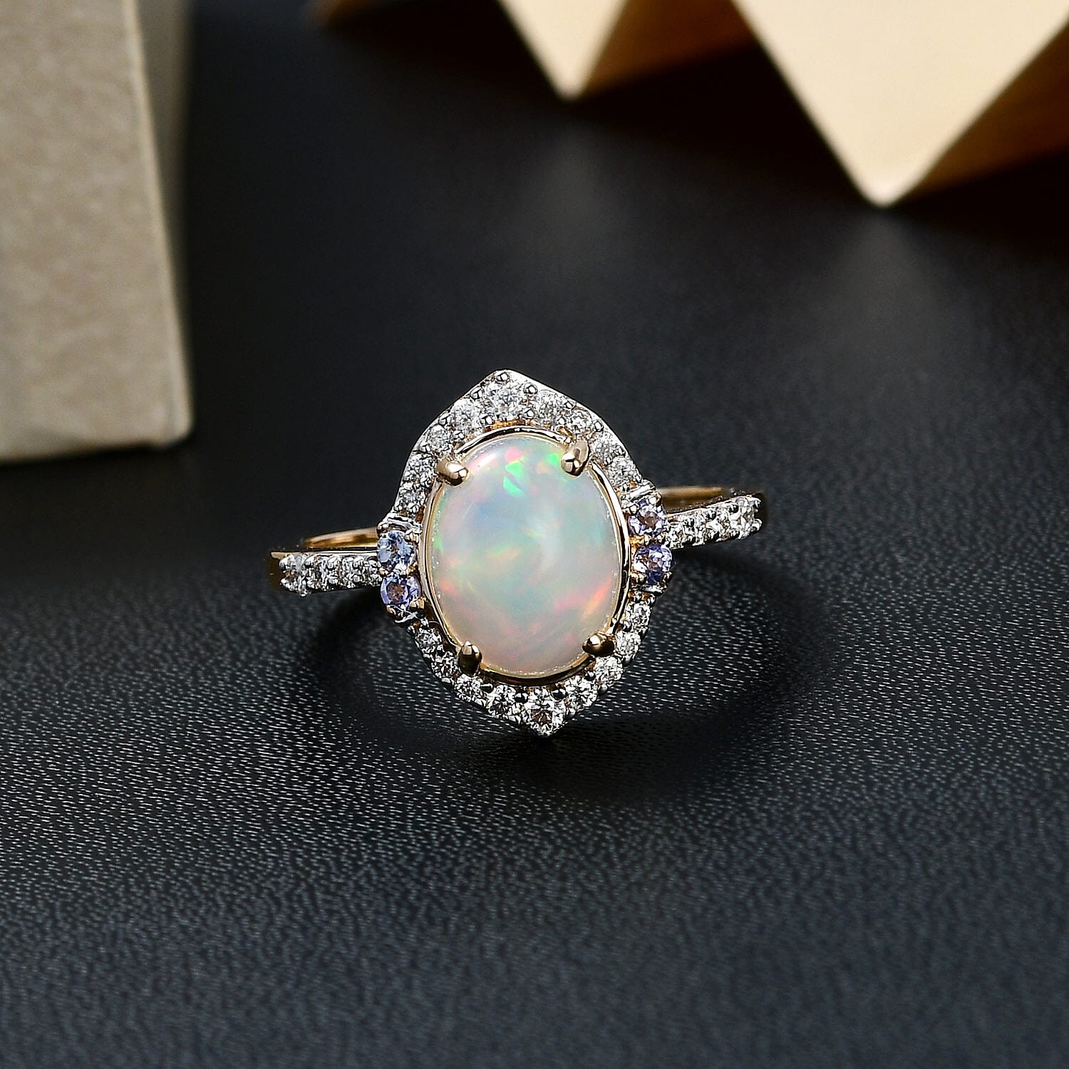 9K Yellow Gold AA Ethiopian Opal, Moissanite and Tanzanite Cluster Ring 1.49 ct 7189300 2
