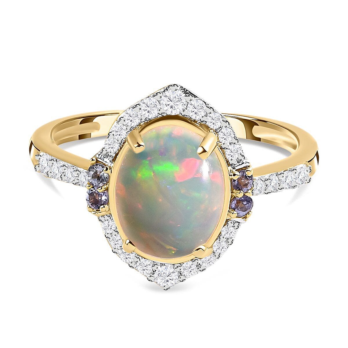 9K Yellow Gold AA Ethiopian Opal, Moissanite and Tanzanite Cluster Ring 1.49 ct 7189300 1