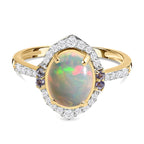 9K Yellow Gold Ethiopian Welo Opal, Moissanite and Tanzanite Ring 1.49 Ct.