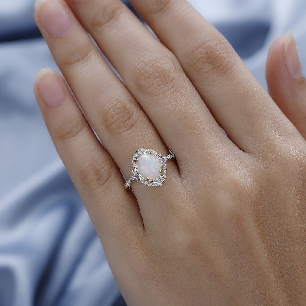 9K Yellow Gold Ethiopian Welo Opal, Moissanite and Tanzanite Ring 1.49 Ct.