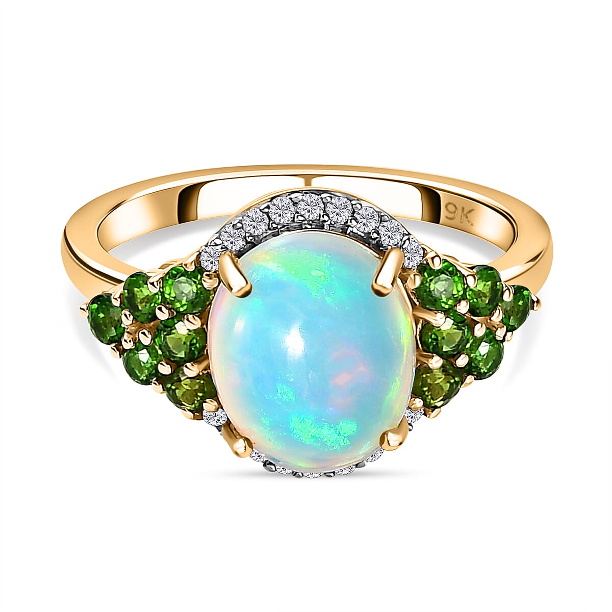 Ethiopian Welo Opal, Moissanite and Natural Chrome Diopside Halo Ring in 9K Yellow Gold 7623835 0