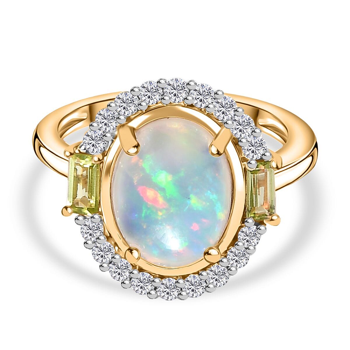 9K Yellow Gold Ethiopian Opal, Peridot &amp; Moissanite Halo Ring 2.42 Ct. 7985546 0