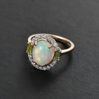9K Yellow Gold Ethiopian Opal, Peridot & Moissanite Ring 2.42 Ct.