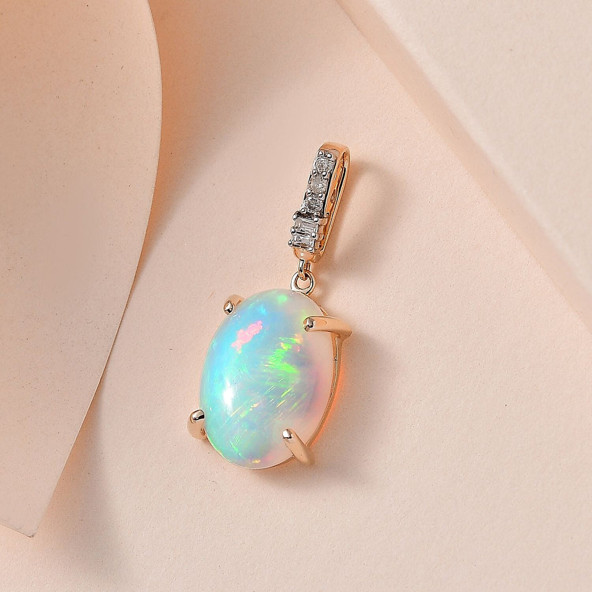 9K Yellow Gold AA Ethiopian Opal, White Diamond Pendant 3.93 ct,  Gold Wt. 0.79 Gms  3.931  Ct. 7633023 2