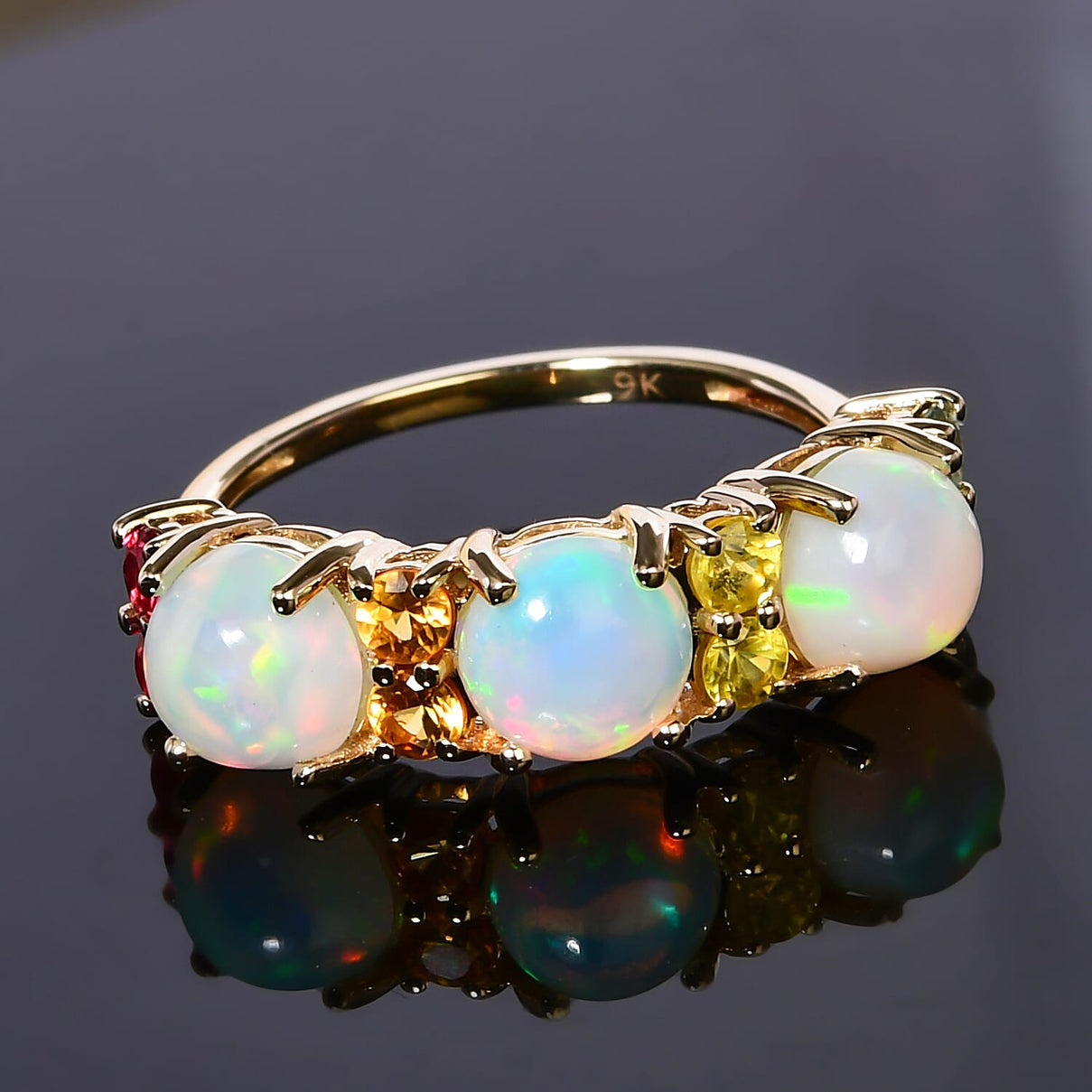 9K Yellow Gold AA Ethiopian Opal and Multi Sapphire Classic Ring 2.37 Ct 7164519 1