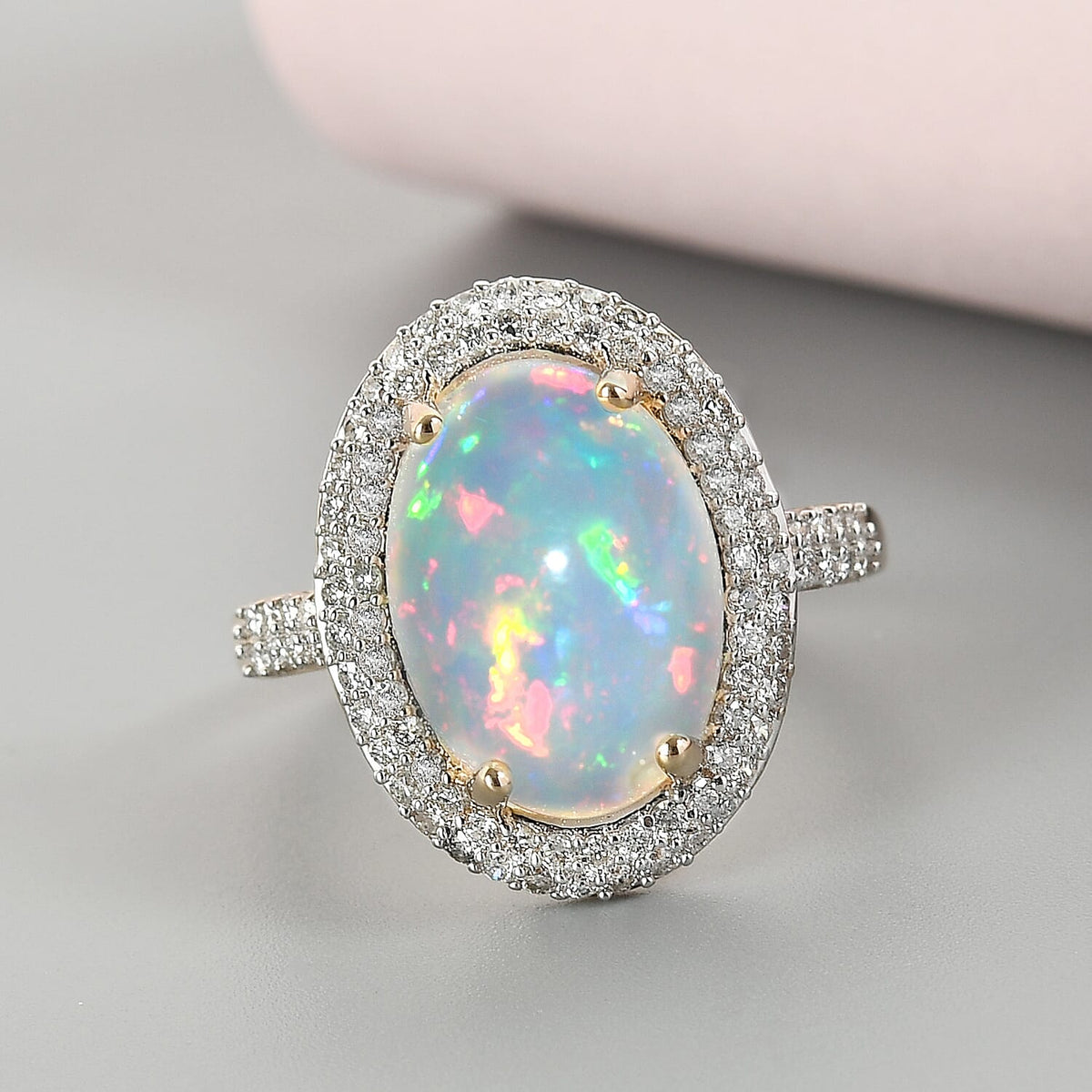Ethiopian Welo Opal and Diamond Halo Ring in 9K Yellow Gold 7837670 2