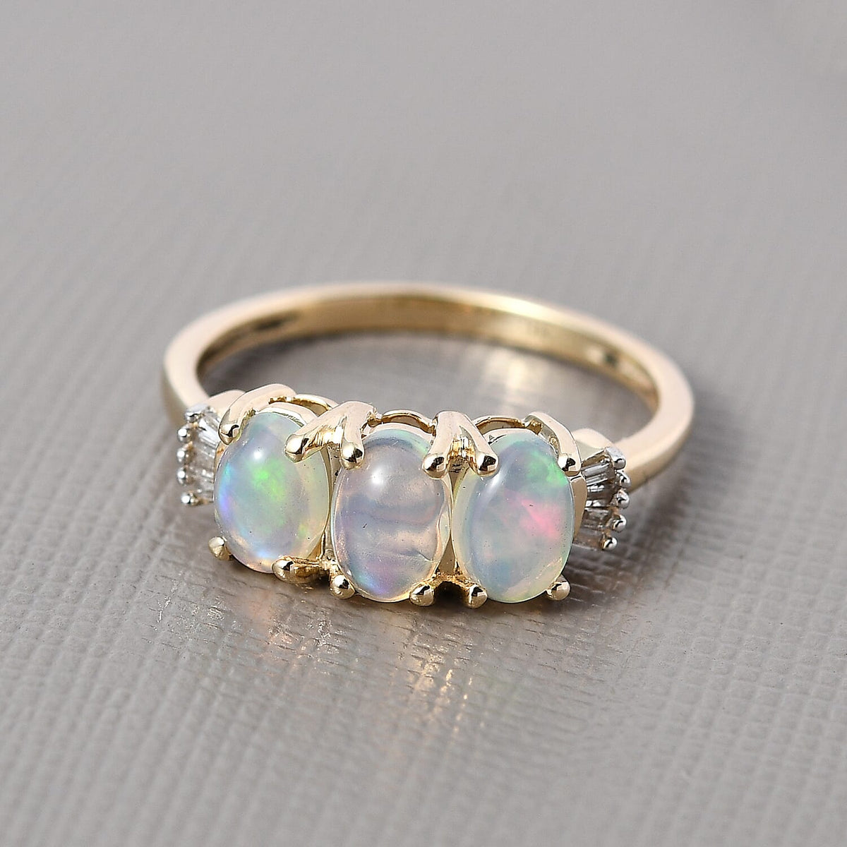9K Yellow Gold AA Ethiopian Welo Opal and Diamond I3 GH Trilogy Ring 1.07 Ct 7018296 2