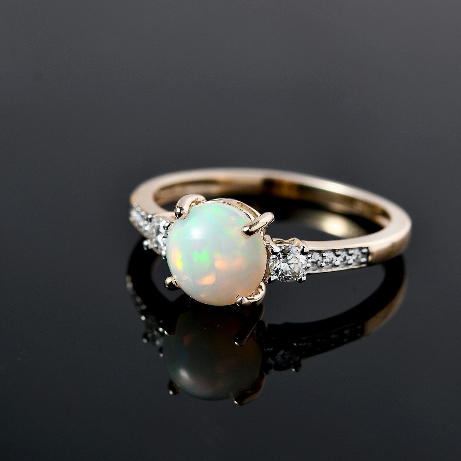 9K Yellow Gold AA Ethiopian Welo Opal and Moissanite Classic Ring 1.05 Ct 7164508 2