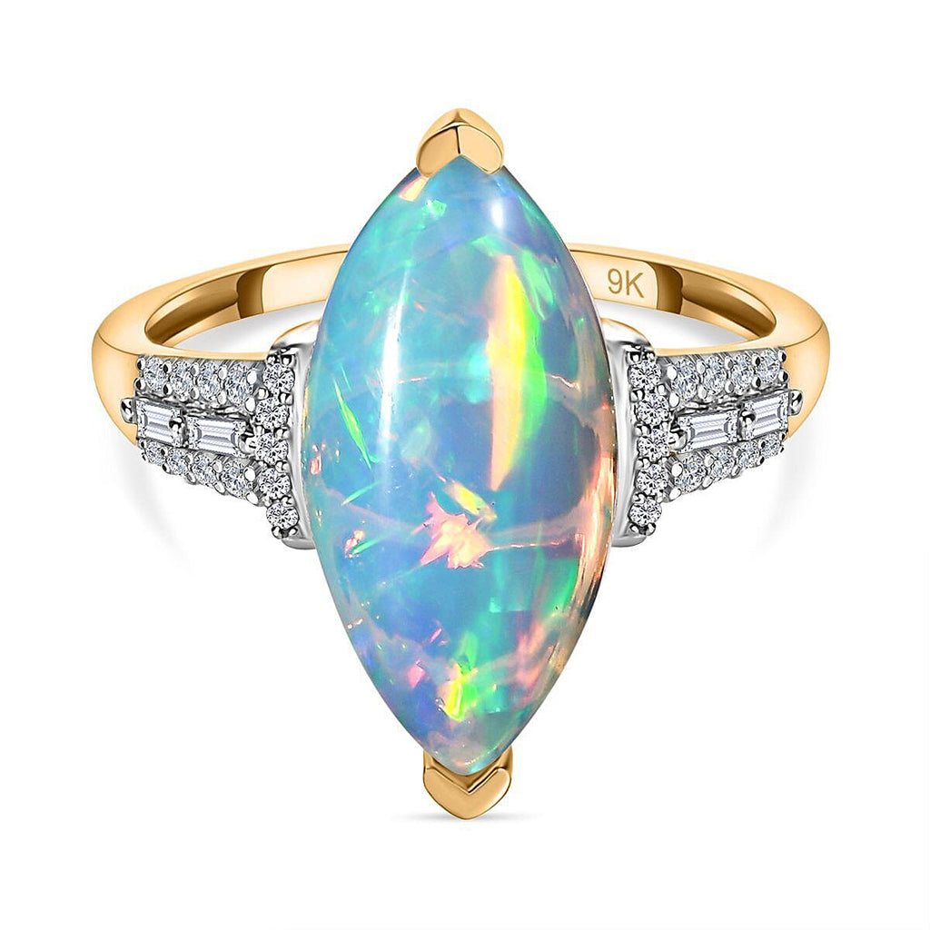 9K Yellow Gold Natural Ethiopian Welo Opal (3.75 Cts) and Moissanite Ring 4.05 Ct