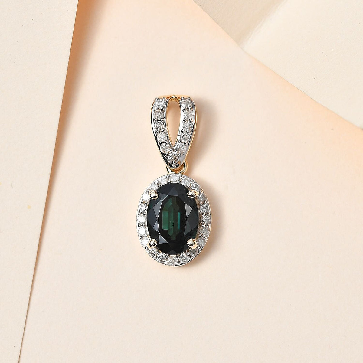 9K Yellow Gold Indicolite &amp; Diamond Halo Pendant 1.71 Ct. 7745273 3