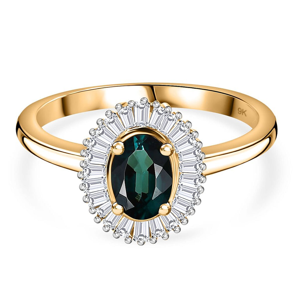 9K Yellow Gold Indicolite & Diamond Halo Ring 0.80 Ct